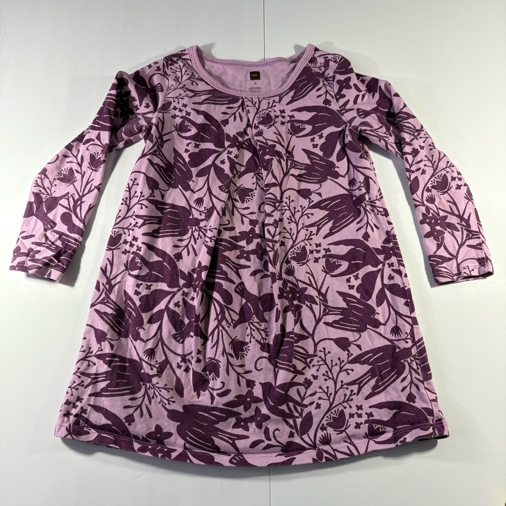 Tea Collection Dress 4‎ Free as a Bird Pleat Long Sleeve Purple Novelty Preppy